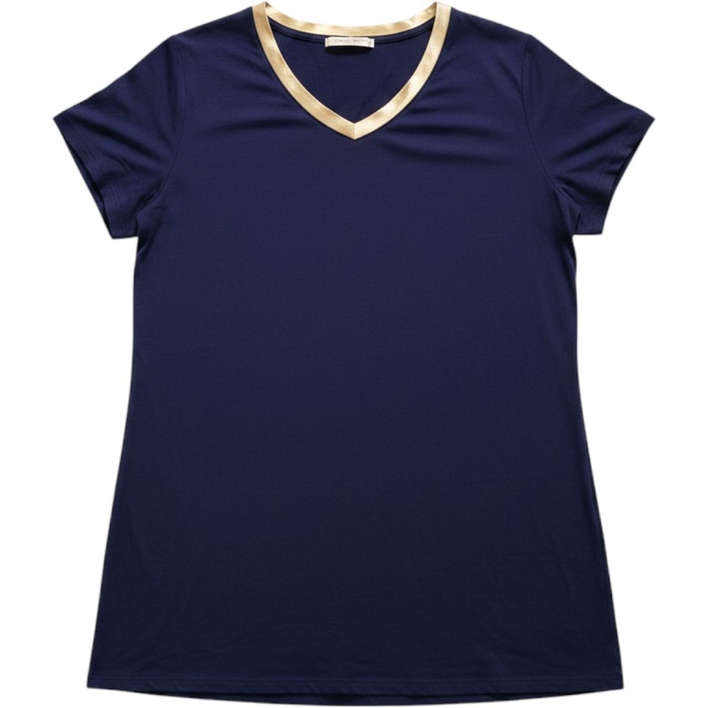 Latuza Womens 2X Plus Navy Blue Bamboo Viscose V-Neck T-Shirt‎ Gold Trim
